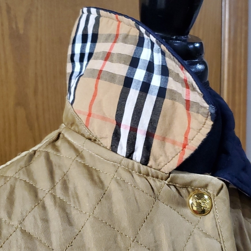 Burberry tan quilted cotton jacket coat nova check flip cuff and collar reverse - Picture 5 of 14